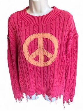 POL Distressed Cable Knit Peace Sign Sweater Boho Cropped Oversized Large
